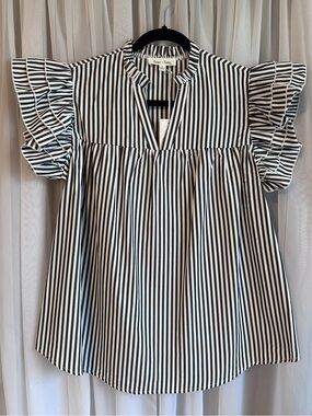 Sewn + Seen Charcoal White Striped Ruffle Sleeve Blouse